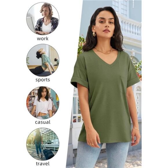 Women's Army Green T Shirts Short Sleeve‎ V-Neck Shirts Cute Casual for Summer - Picture 5 of 6